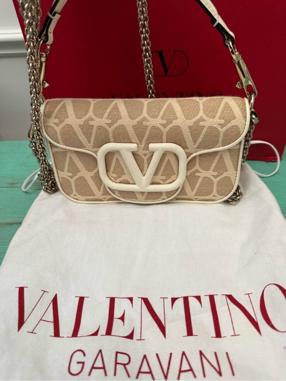 Valentino Garavani Beige V Logo Crossbody Bag with Cream Trim Brand new